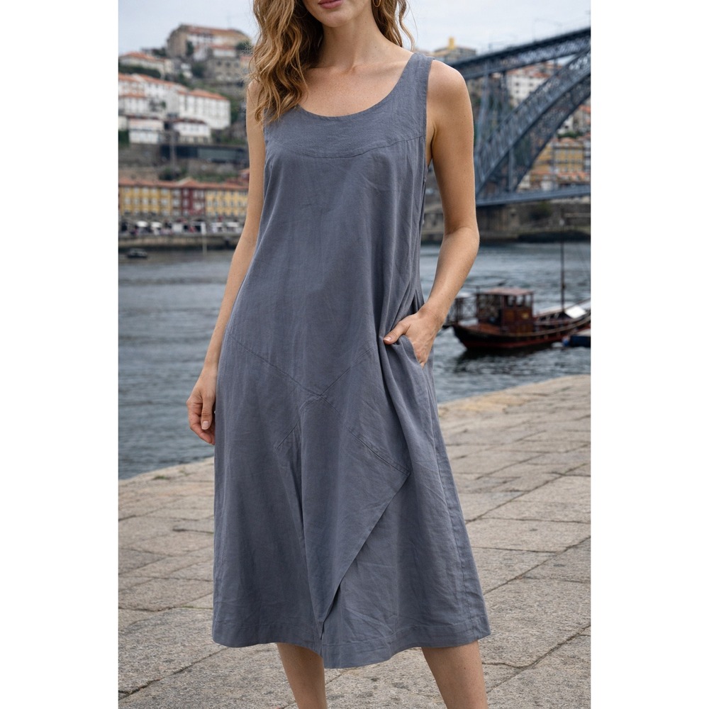 Porto Women's Melissa Blue Lagenlook Sleeveless Draped Midi Dress- Size XS
